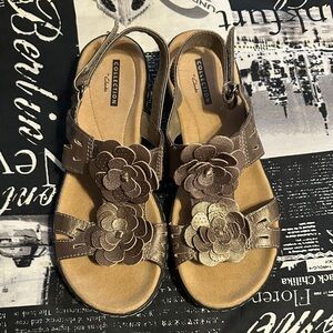 Clarks Collection Women's Metallic Bronze Floral Slingback Sandals